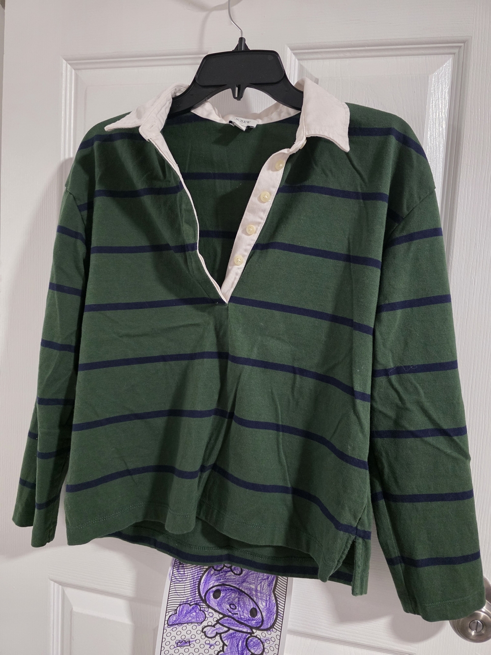 J. Crew Green and Navy Striped V-Neck Rugby Sweater with White Collar